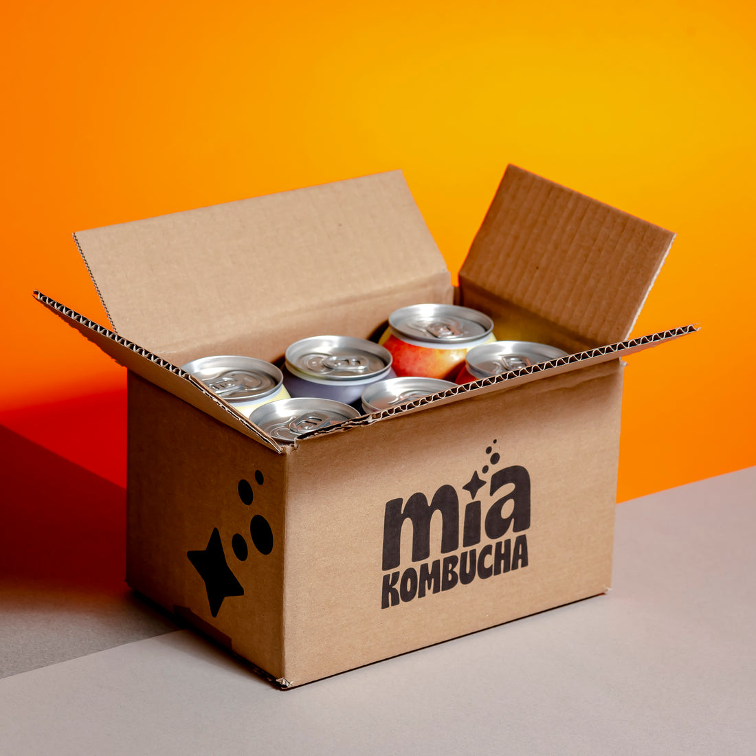 Box with cans of all 6 flavors of MIA artisanal kombucha available at Meta Mate